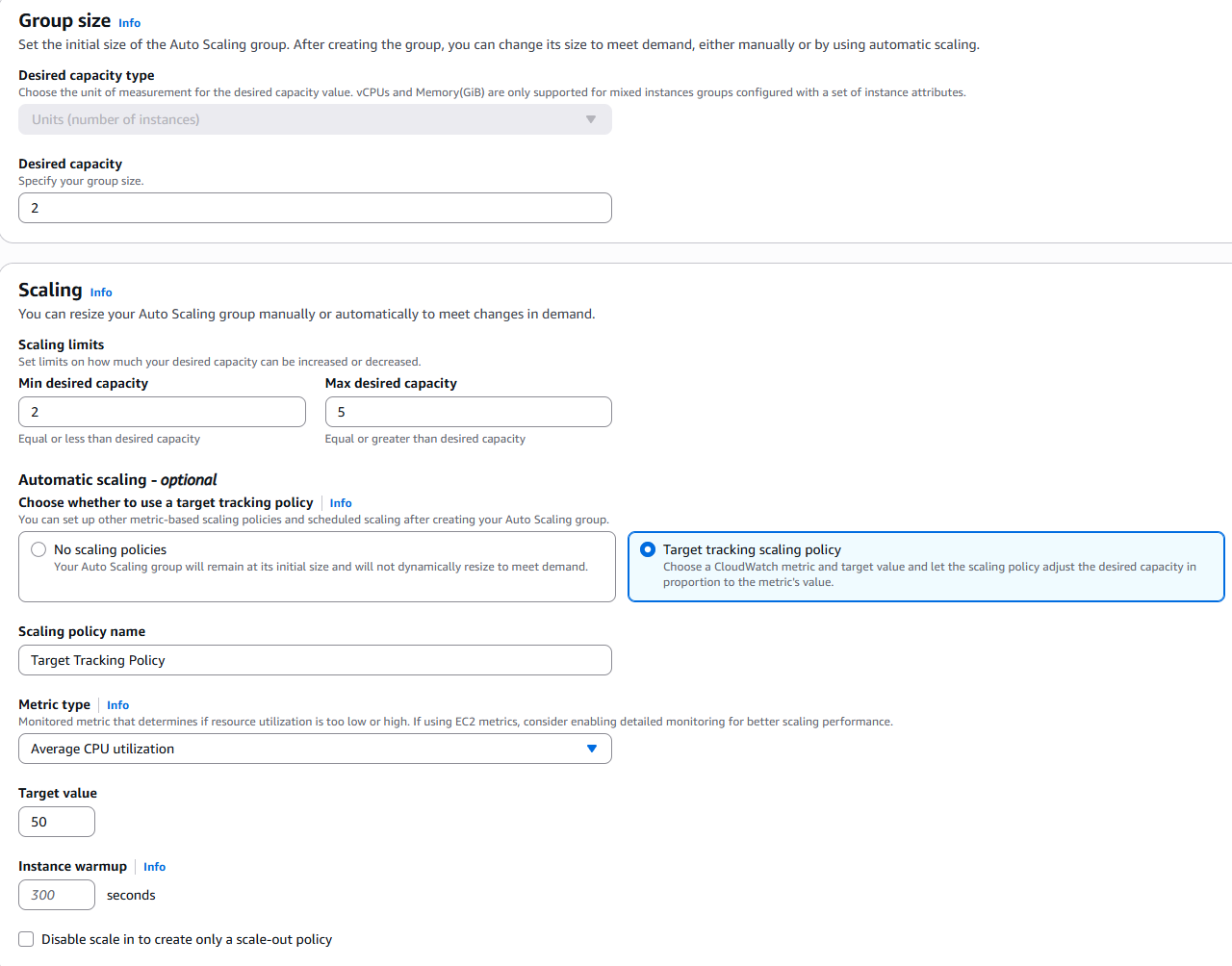 Configure group size and scaling policies